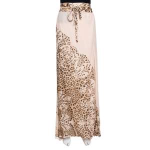 مملوكة مسبقًا Roberto Cavalli Cream Animal Print Silk Pleated Faux Wrap Skirt L