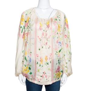 Pre Owned Roberto Cavalli Cream Floral Print Silk Sheer Kaftan Top M