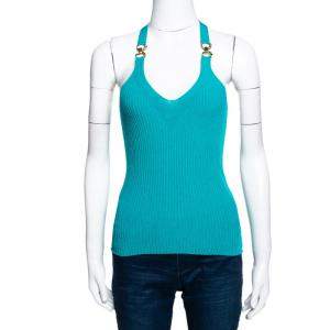 مملوكة مسبقًا Roberto Cavalli Teal Rib Knit Racerback Top M 