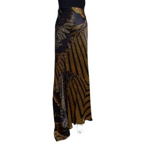 مملوكة مسبقًا Roberto Cavalli Black & Gold Abstract Printed Silk Flared Maxi Skirt L 