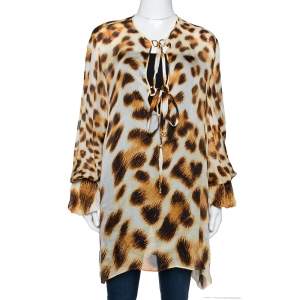 مملوكة مسبقًا Roberto Cavalli Cream & Brown Animal Print Ruffled Sleeve Blouse L