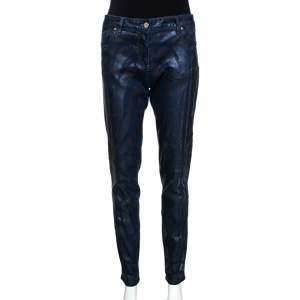 Pre Owned Roberto Cavalli Navy Blue Metallic Print Denim Fitted Jeans L