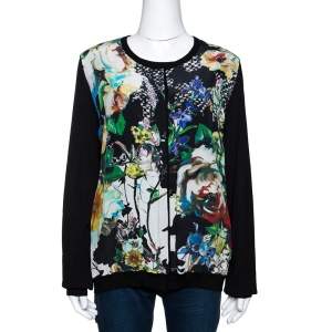 Pre Owned Roberto Cavalli Multicolor Printed Silk & Knit Double Layer Cardigan L 
