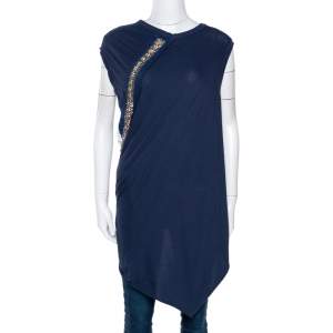 مملوكة مسبقًا Roberto Cavalli Navy Blue Cotton Embellished Asymmetrical Top M