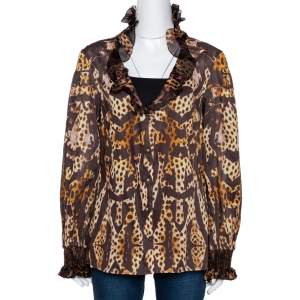 مملوكة مسبقًا Roberto Cavalli Brown Animal Print Cotton Ruffled Top M