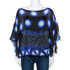 Pre Owned Roberto Cavalli Blue & Black Printed Silk Sheer Blouse S
