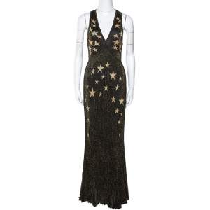 مملوكة مسبقًا Roberto Cavalli Black & Gold Star Lurex Rib Knit Sleeveless Gown M