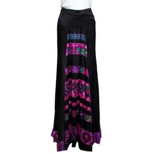 Pre Owned Roberto Cavalli Black Silk Satin Floral Trim Fit & Flare Maxi Skirt M