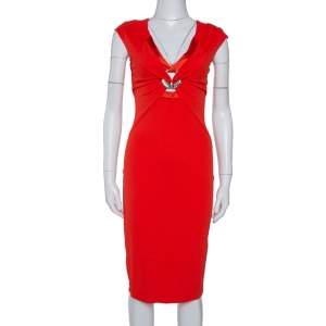 Pre Owned Roberto Cavalli Red Stretch Jersey Brooch Detail Midi Dress S