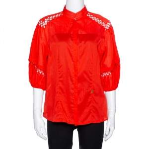 Roberto Cavalli Red Cotton Eyelet Lace Detail Blouse M