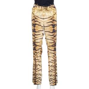 Pre Owned Roberto Cavalli Brown Leopard Print Stretch Silk Straight Leg Pants L