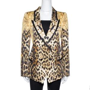 Pre Owned Roberto Cavalli Brown Animal & Eagle Print Silk Double Breasted Blazer L