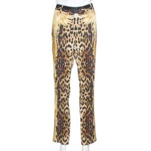 Pre Owned Roberto Cavalli Brown Leopard & Wings Print Silk Straight Leg Pants L
