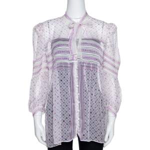 مملوكة مسبقًا بلوزة روبرتو كافالي حرير أبيض وبنفسجي طباعة موردة مقاس متوسط - ميديوم