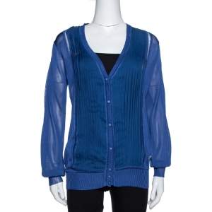 Pre Owned Roberto Cavalli Midnight Blue Silk Knit Pleated Cardigan M