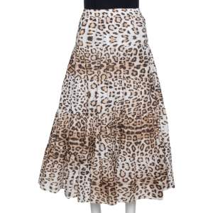 Pre Owned Roberto Cavalli Bicolor Leopard Print Cotton Tiered Midi Skirt M