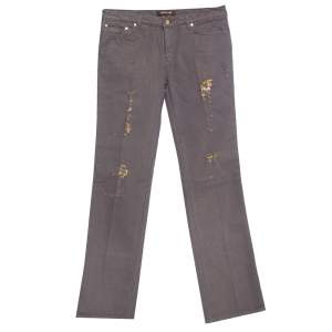 Pre Owned Roberto Cavalli Brown & Gold Denim Distressed Straight Leg Jeans M