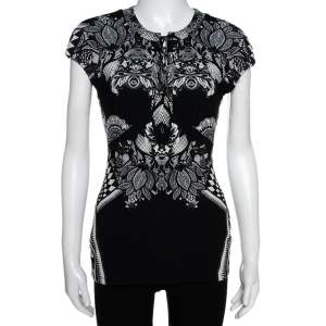 مملوكة مسبقًا توب روبرتو كافالي جيرسيه مطبوع ترجيدي بايزلي مونوكرومي مقاس وسط (ميديوم)