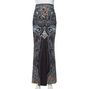 Pre Owned Roberto Cavalli Black Printed Jersey Fit & Flare Maxi Skirt L