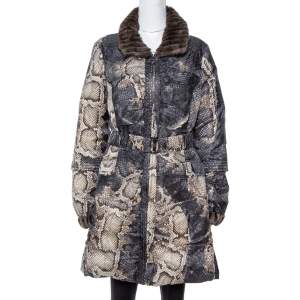 Roberto Cavalli Grey Snake Print Mink Fur Trim Down Coat L