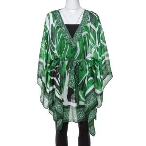 مملوكة مسبقًا Roberto Cavalli Green Paisley Print Silk Belted Kaftan Top M