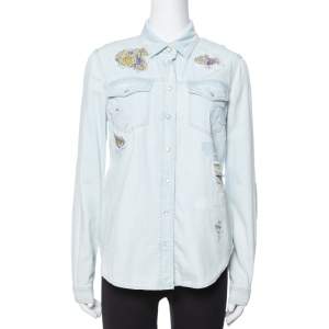 Pre Owned Roberto Cavalli Light Blue Distressed Denim Patch Detail Shirt S