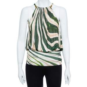 مملوكة مسبقًا Roberto Cavalli Green Stripe Silk Blend Serpentine Detail Halter Top M