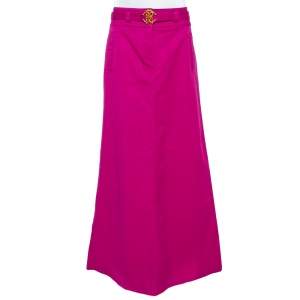 Pre Owned Roberto Cavalli Pink Denim Belted Flared Maxi Skirt M