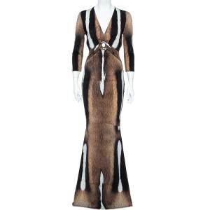 Pre Owned Roberto Cavalli Brown Fur Print Jersey Brooch Detail Maxi Dress M