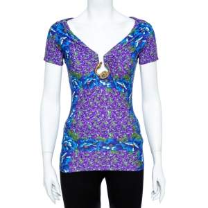 Pre Owned Roberto Cavalli Floral Printed Multicolored Fitted Top S