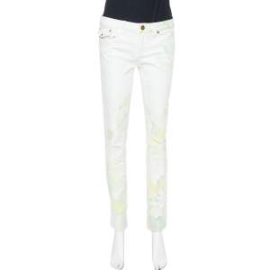 Roberto Cavalli White Floral Printed & Embossed Cotton Straight Leg Jeans M