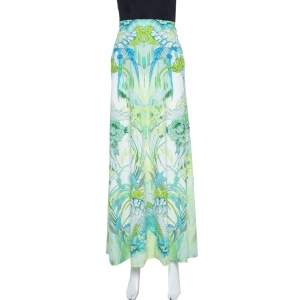 Pre Owned Roberto Cavalli Light Green Printed Jersey Maxi Skirt L