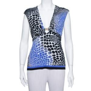 Pre Owned Roberto Cavalli Blue & Black Knit Animal Print Plunge Neck Top M