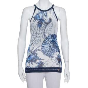 مملوكة مسبقًا Roberto Cavalli Navy Blue & White Printed Knit Sleeveless Top S