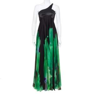 Pre Owned Roberto Cavalli Black and Green Printed Silk  One Shoulder Gown S