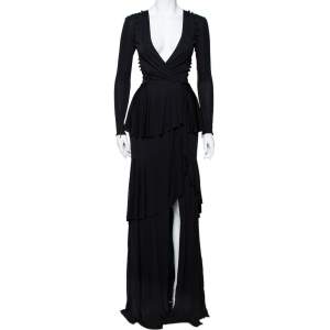 Roberto Cavalli Black Knit Ruffled Maxi Wrap Dress S