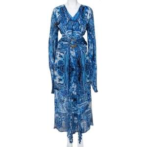 مملوكة مسبقًا Roberto Cavalli Blue Printed Silk Belted Maxi Dress L