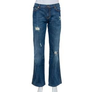 مملوكة مسبقًا Roberto Cavalli Navy Blue Denim Distressed Wide Leg Jeans L