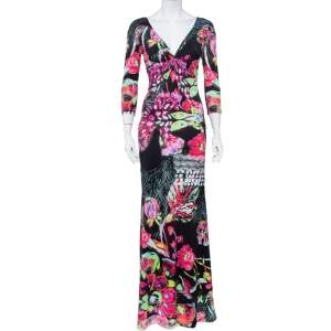 Pre Owned فستان ماكسي روبرتو كافالي تريكو أسود مطبوع برقبة مزينة مقاس صغير - سمول