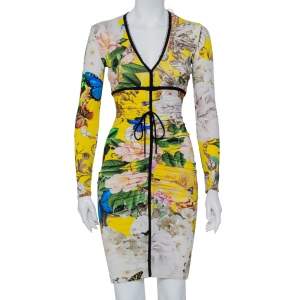 Pre Owned Roberto Cavalli Yellow Floral Printed Knit Ruched V-Neck Dress S