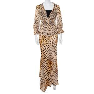Roberto Cavalli Beige Animal Printed Silk Sheer Shirt & Asymmetric Hem Maxi Skirt S