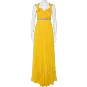 مملوكة مسبقًا Roberto Cavalli Yellow Pleated Silk Embellished Waist Detail Gown M