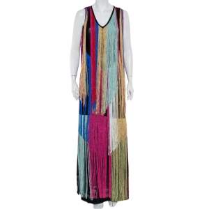 Pre Owned Roberto Cavalli Multicolor Knit Fringed Maxi Dress M