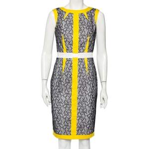 Pre Owned Cavalli Class Yellow & Black Lace Mixed Media Sleeveless Sheath Dress M