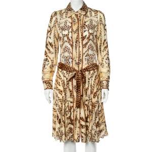 Pre Owned Roberto Cavalli Beige Leopard Print Silk Belted Dress S