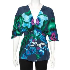 Pre Owned Roberto Cavalli Navy Blue Floral Printed Silk V-Neck Blouse M 