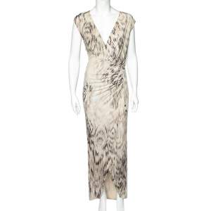 Pre Owned Roberto Cavalli Beige Printed Jersey Ruch Detail Sleeveless Maxi Dress M