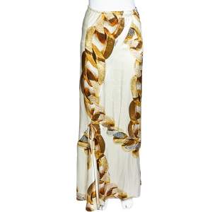 Pre Owned Roberto Cavalli Cream Gold Chain Print Silk Satin Maxi Skirt L