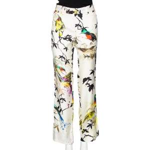 Pre Owned Roberto Cavalli Multicolored Bird Print Silk Contrast Trim Detailed Trousers M