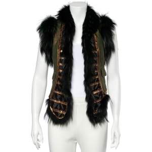 Roberto Cavalli Green Leather And Fox Fur Lined Vest S